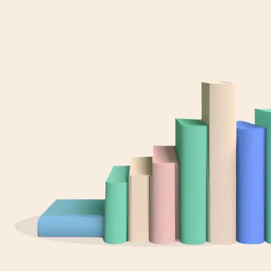 3D stylized books standing upright in a row with varying heights and pastel colors on a light background.